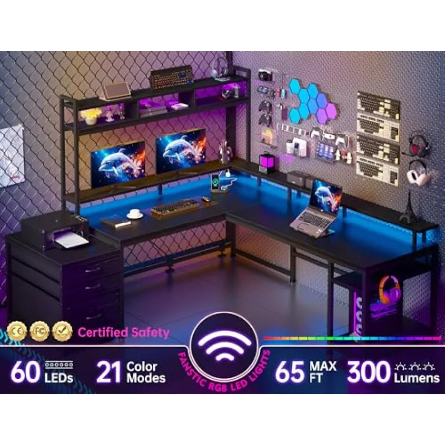 64 x 60 Inches L Shaped Desk with Hutch and Drawers