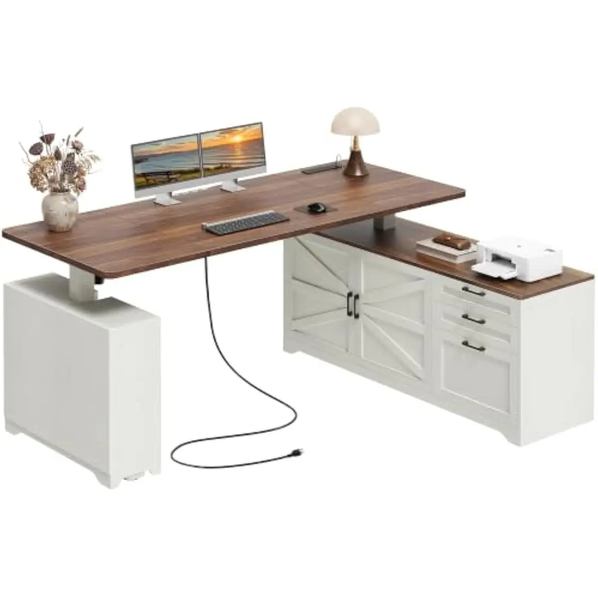 L Shaped Electric Standing Desk 55 Inch Farmhouse Style Adjustable Height