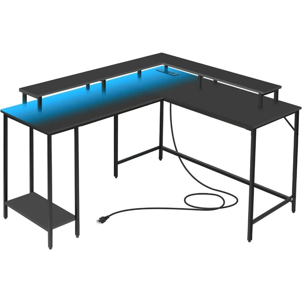Panana 53.5" L Shaped Computer Desk with LED Lights and Power Outlets