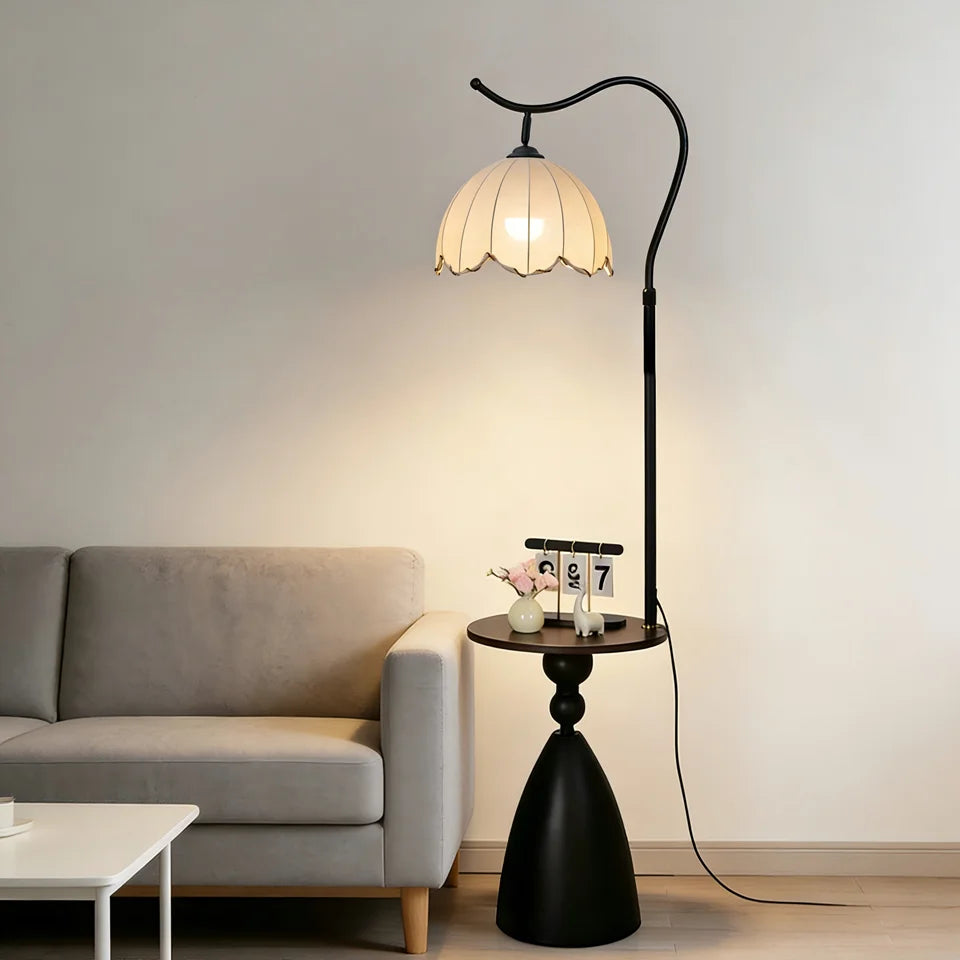 Vintage-Style Floor Lamp: featuring a hanging shade and a solid wood tabletop