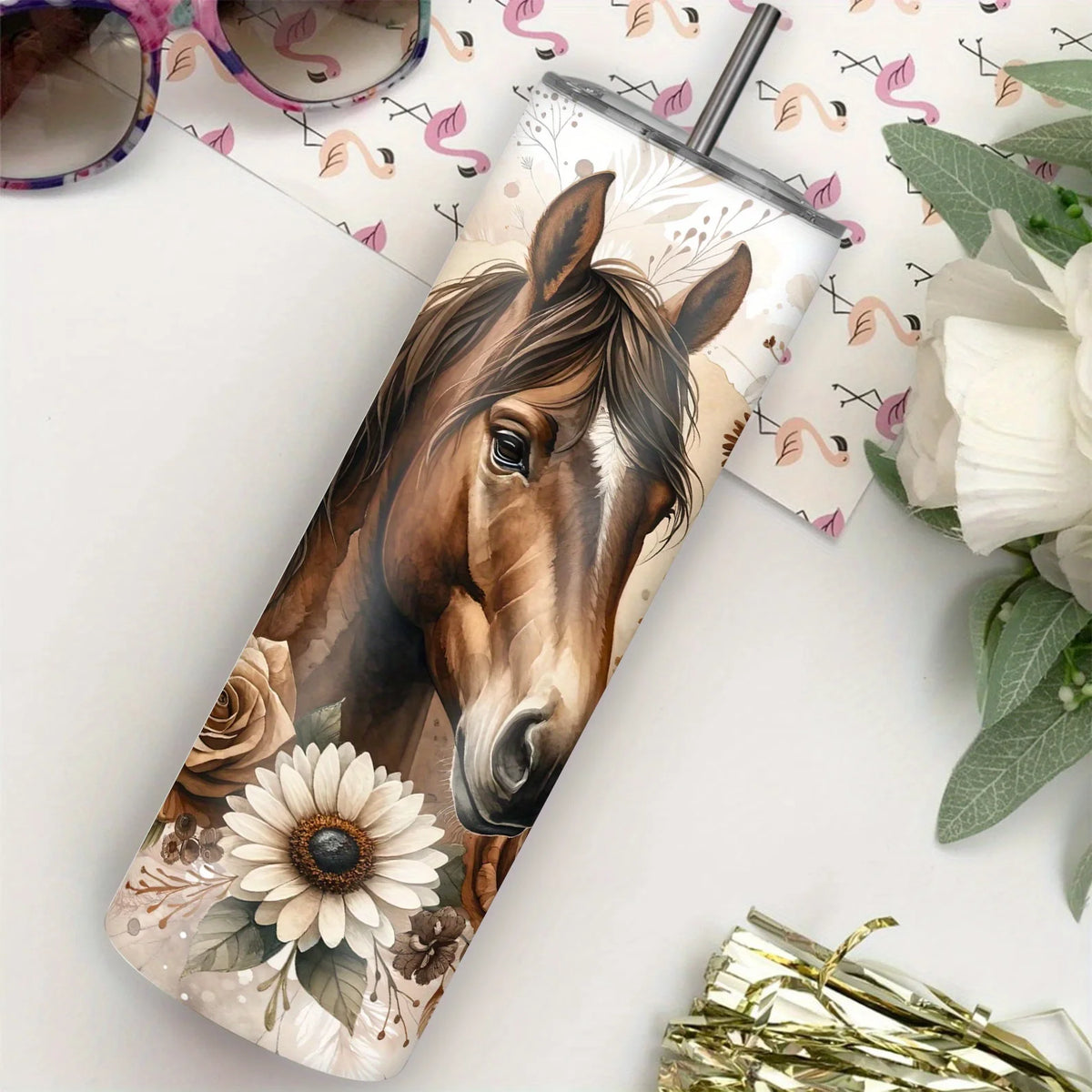 20oz Stainless Steel Horse-Themed Tumbler with Lid - Leak-Proof