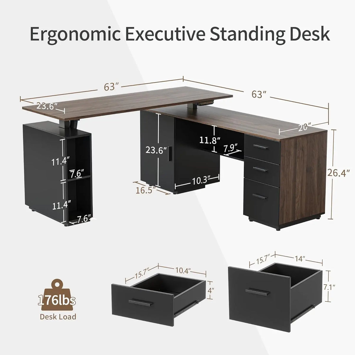 63" L Shaped Standing Desk with Storage, Height Adjustable Table