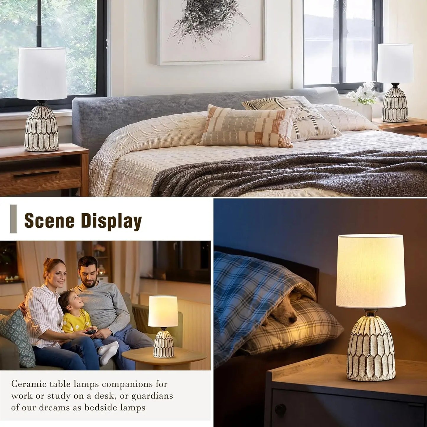 Set of 2 Farmhouse Ceramic Table Lamps, 13.5" Hand-Painted