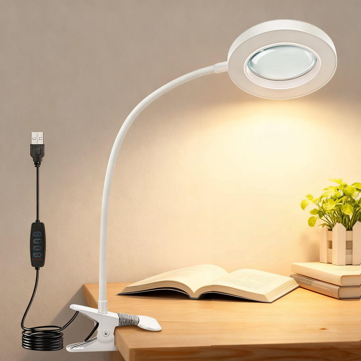 LED Clip-On Magnifying Desk Lamp 5X Magnifier USB Powered 3 Colors 10 Levels