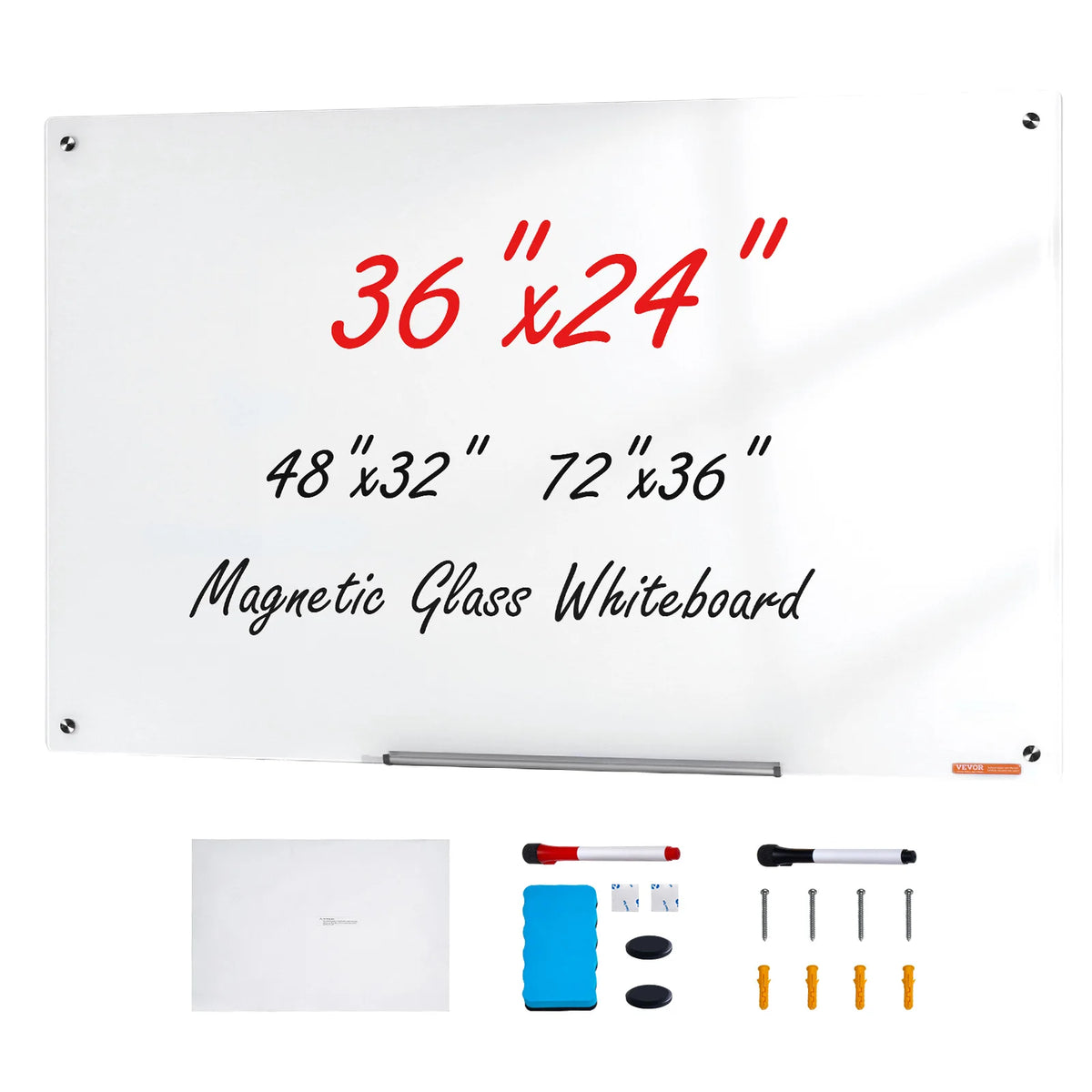 VEVOR Magnetic Glass Whiteboard 36"x24"/48"x32"/72"x36"