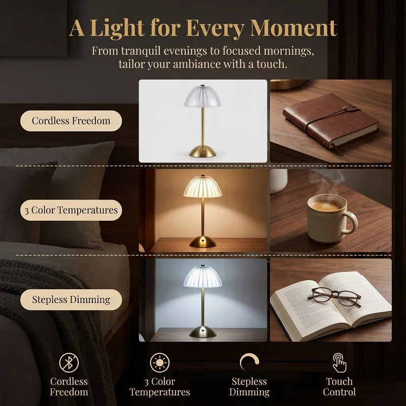 LED Table Lamp Cordless 3 Color Temperatures USB-C Charging Wireless
