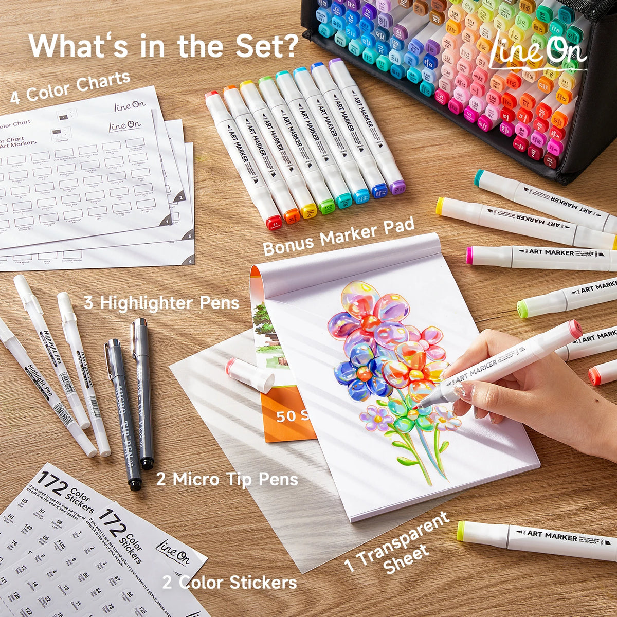 Lineon 172 Colors, 171+1 Marker Pens Plus 1 Marker Pad 1 Case