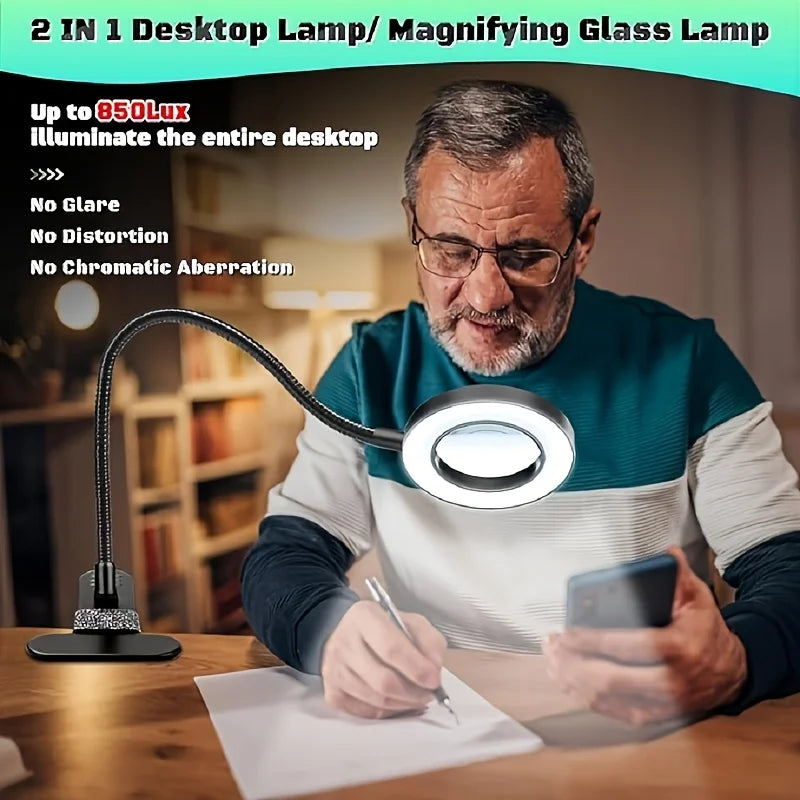 LED Clip-On Magnifying Desk Lamp 5X Magnifier USB Powered 3 Colors 10 Levels
