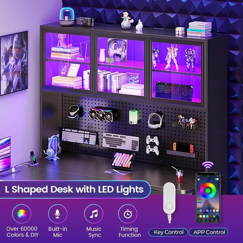 L Shaped Corner Gaming Desk with 3 Wood Drawer and Large Bookshelf