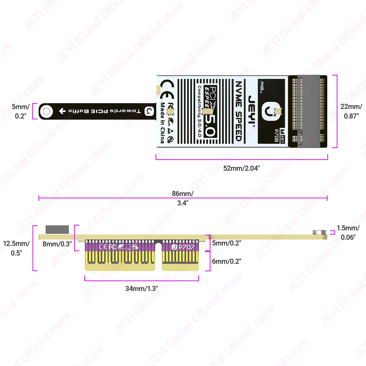 JEYI Mini Flat PCIe 5.0 to NVMe Adapter Card Backward Compatible