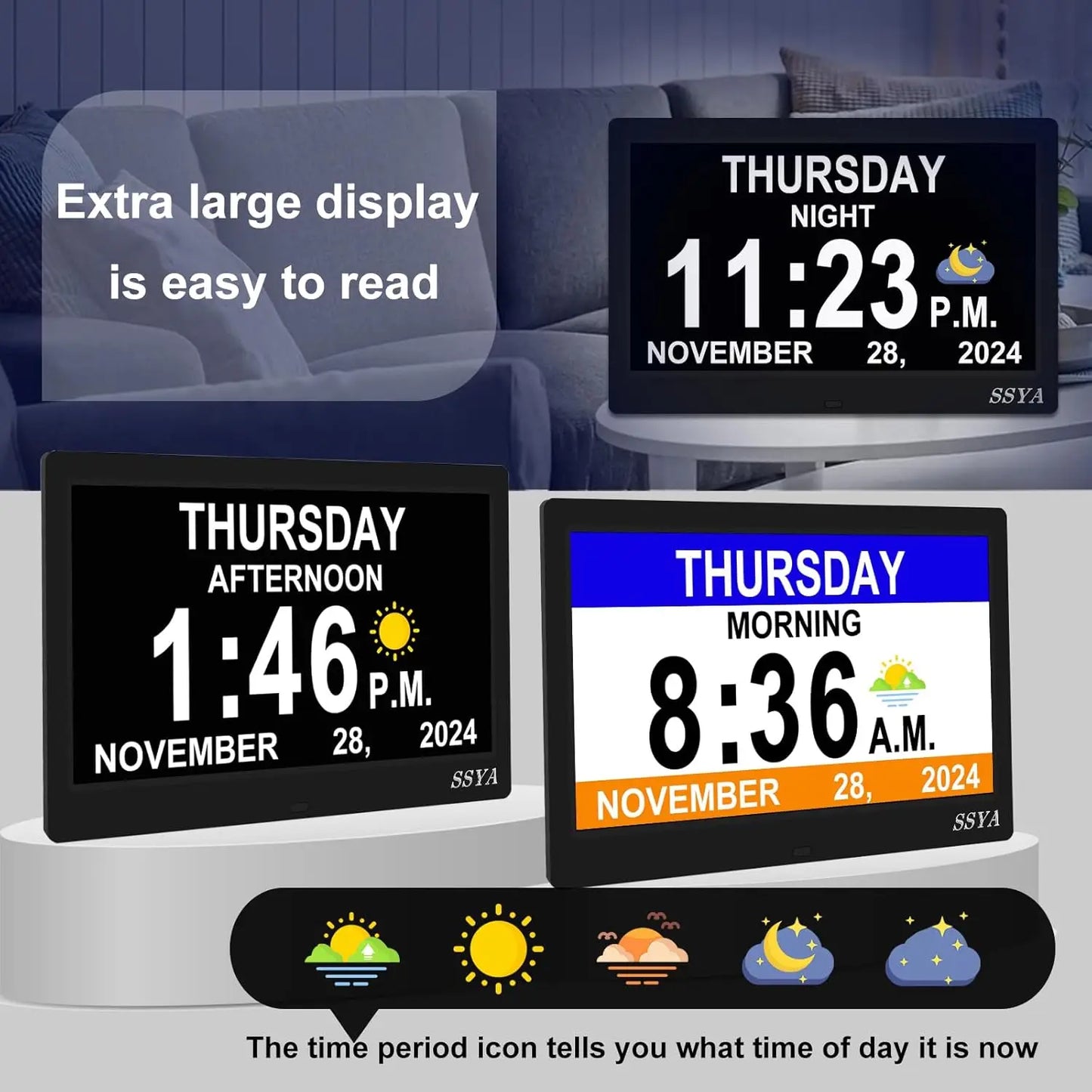 Large Digital Clock with Date & Day, Auto DST, 7 Display Modes