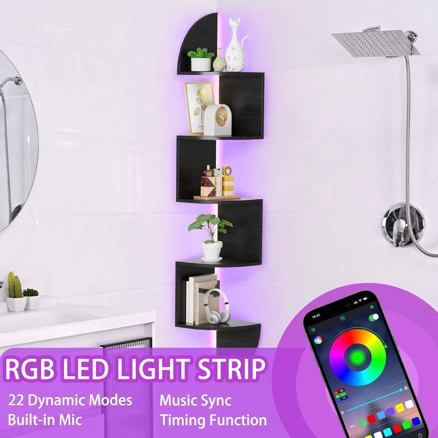 5-Tier Corner Shelf with LED Lights, for Home and Office Display