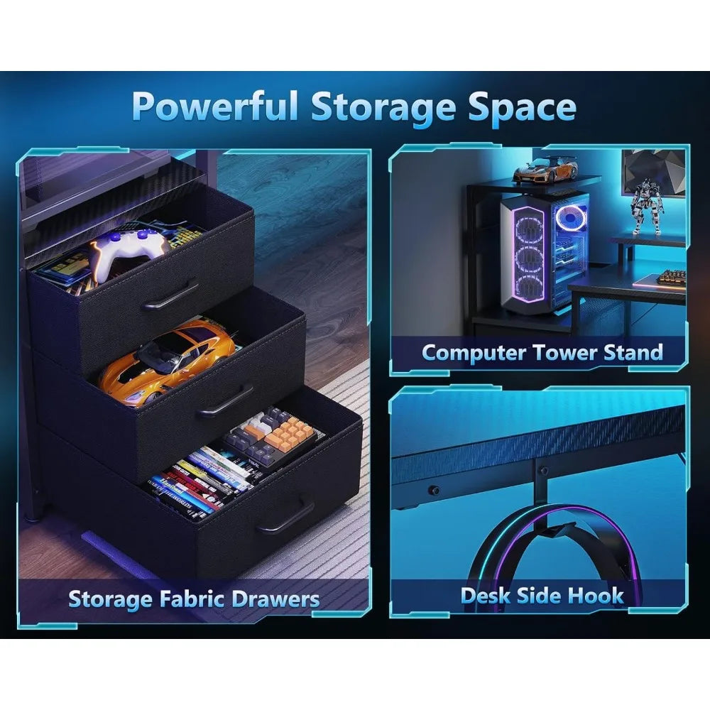 59 Inch Gaming Desk with USB Charging Ports, LED Light & Monitor Stand