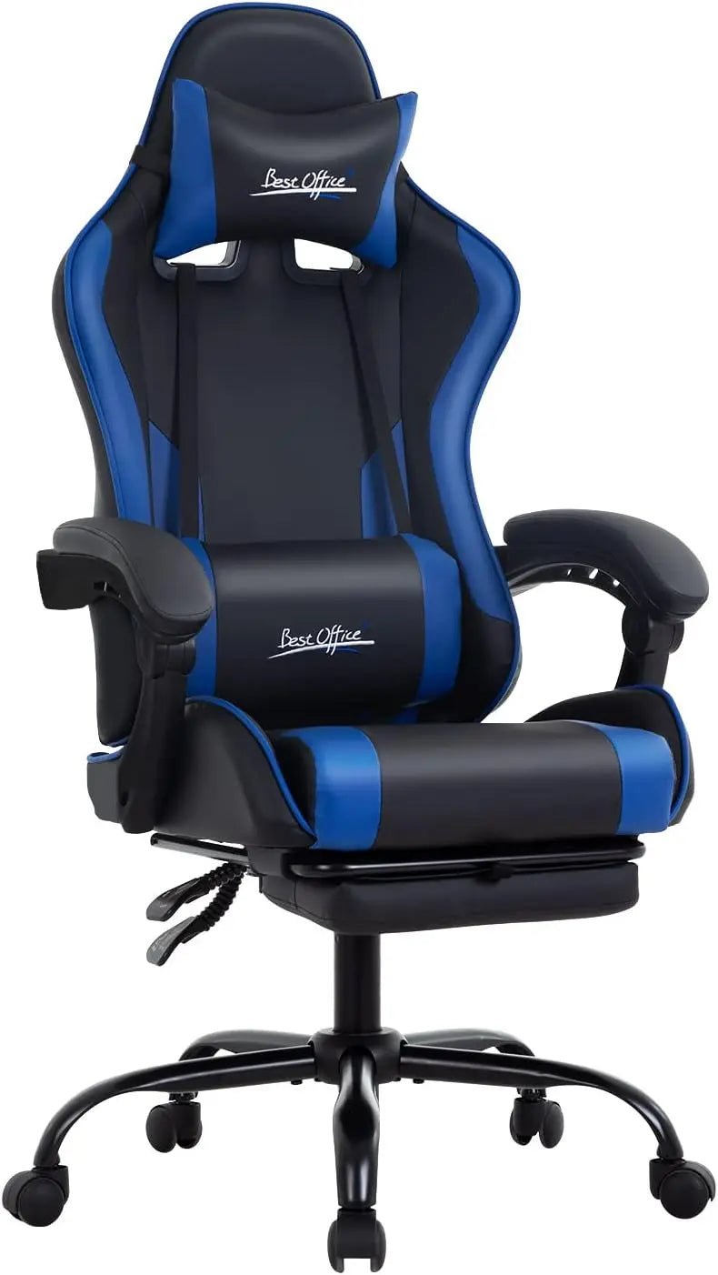 Gaming Chair Blue High Back PU Leather Lumbar Support