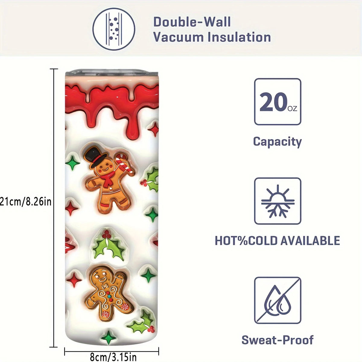 1pc 20oz Christmas Tumbler with 3D Effect, Stainless Steel, Leak Proof