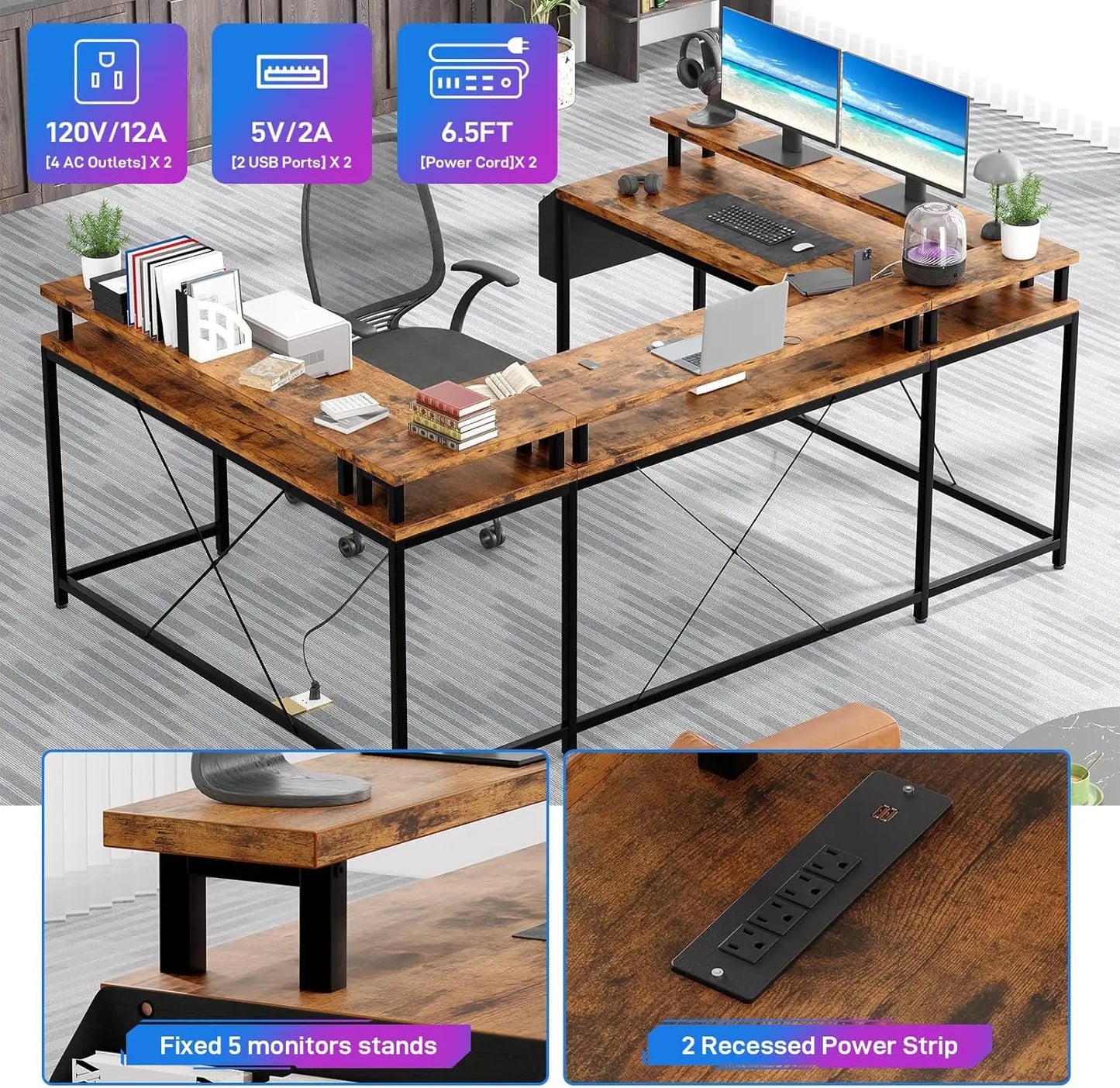 U Shaped Gaming Desk with Monitor Stand and 2 Power Outlet