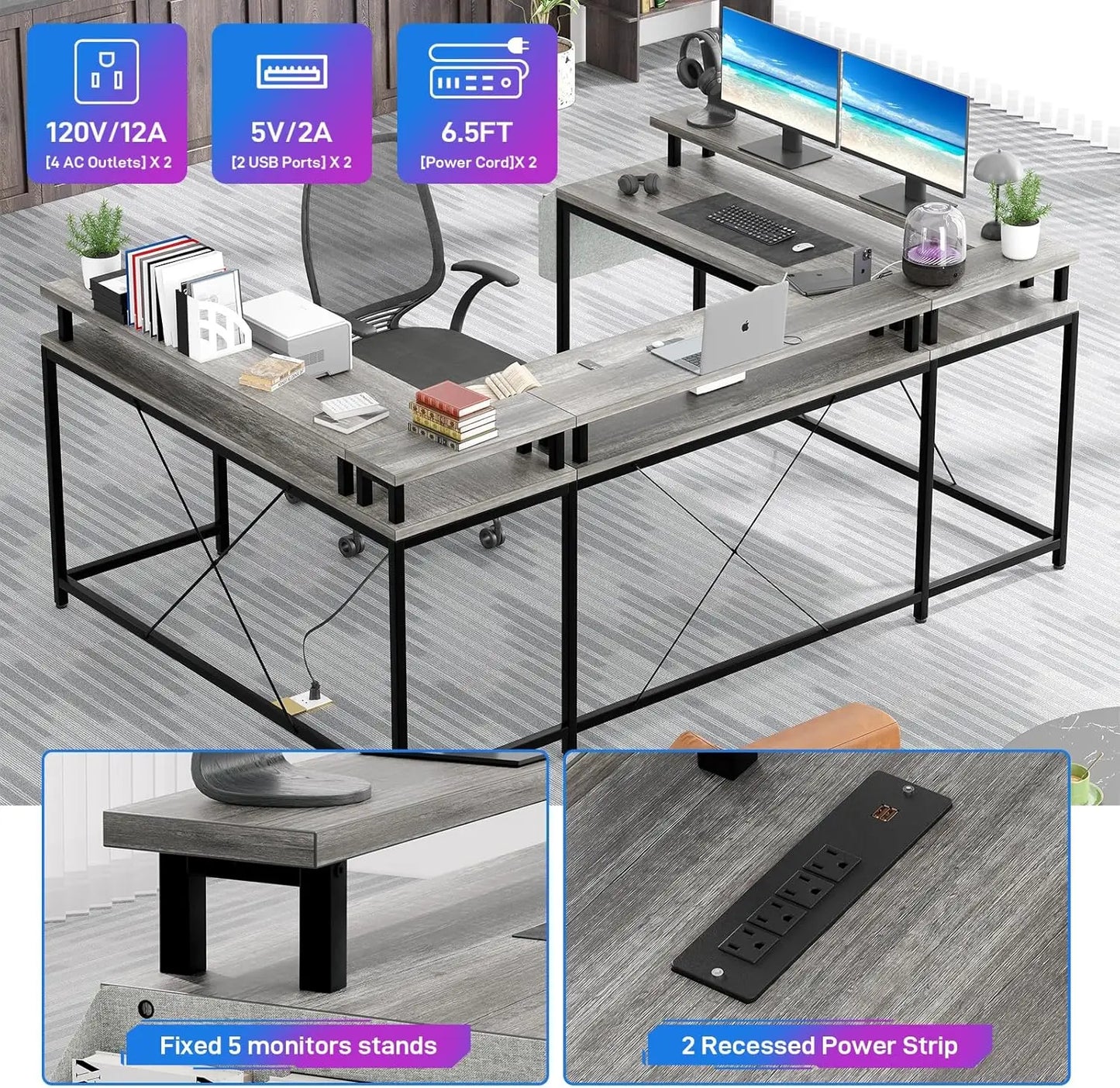 U Shaped Gaming Desk with Monitor Stand
