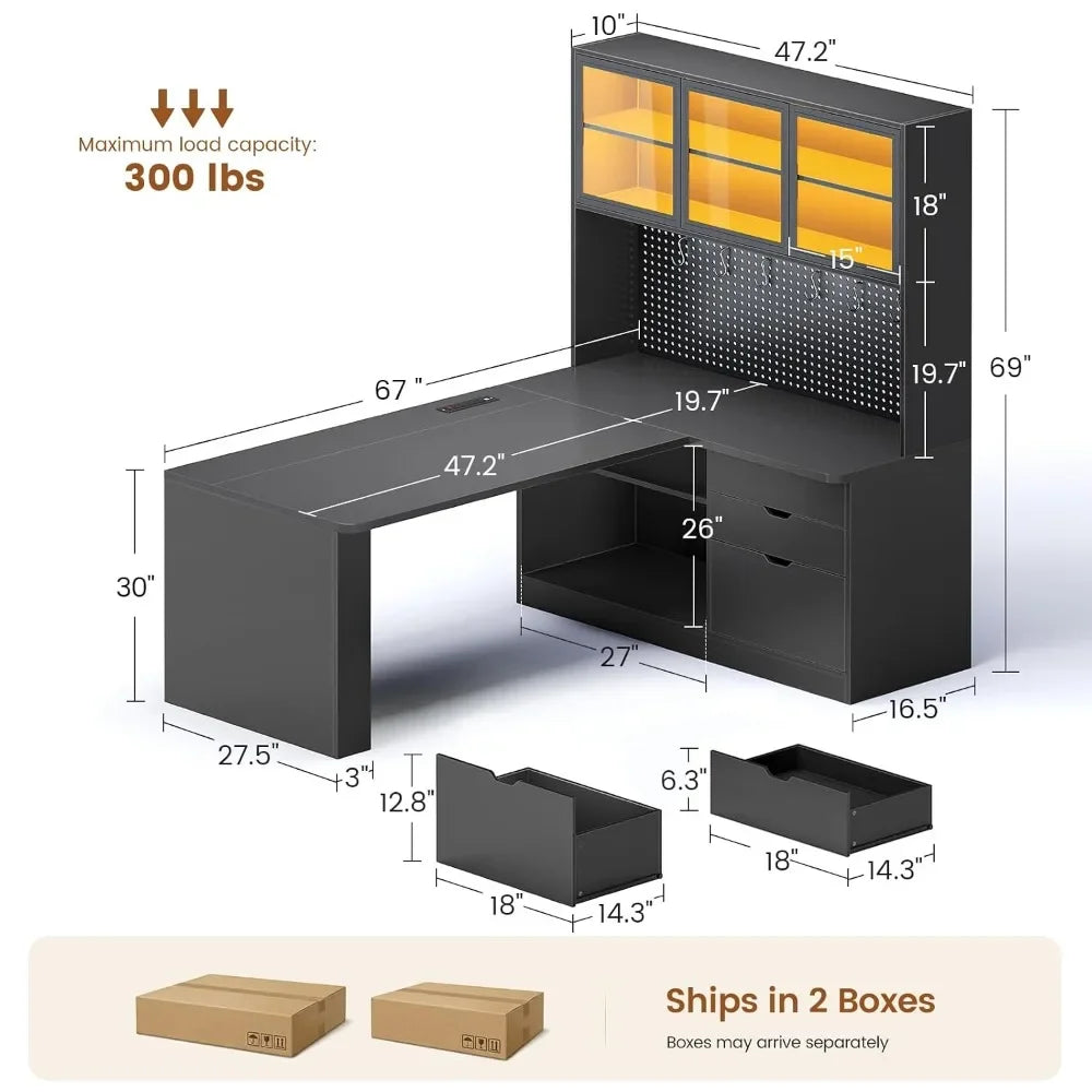 L Shaped Corner Gaming Desk with 3 Wood Drawer and Large Bookshelf