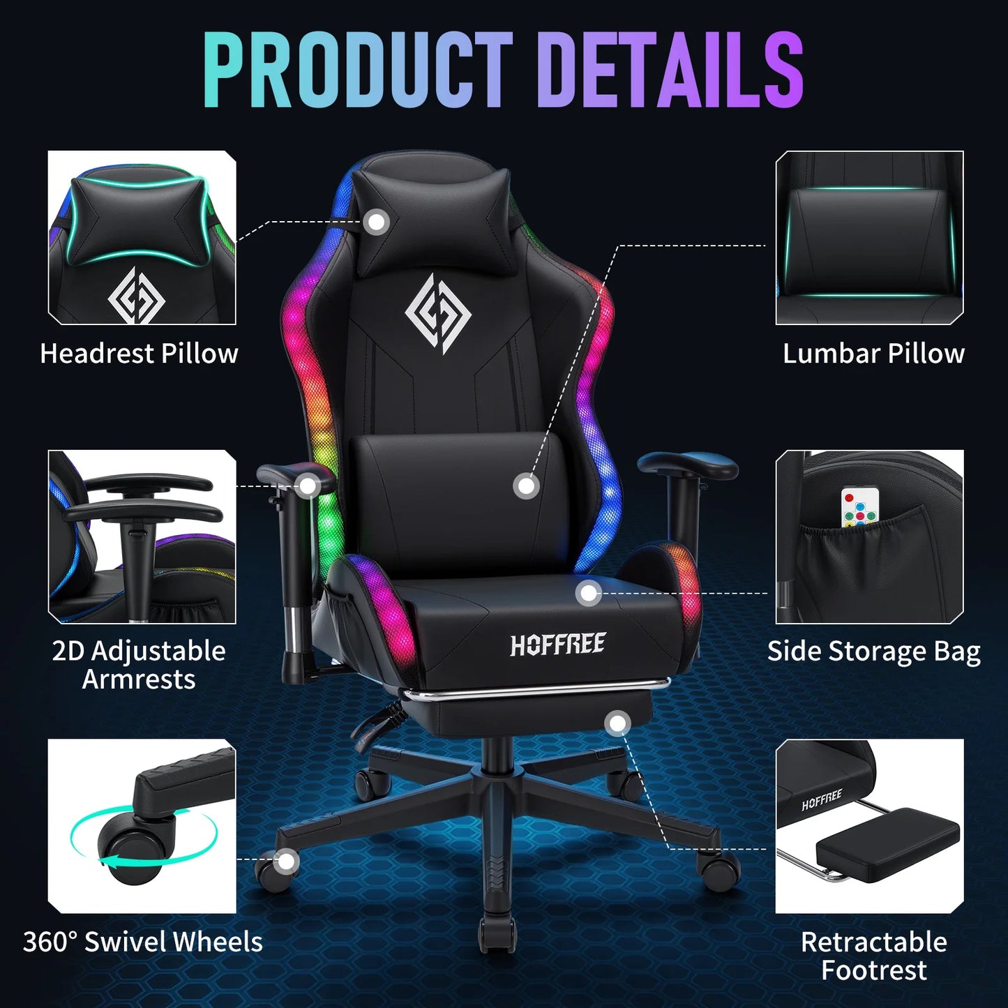 Adjustable Gamer Chair with LED Lighting, Footrest & Lumbar Support