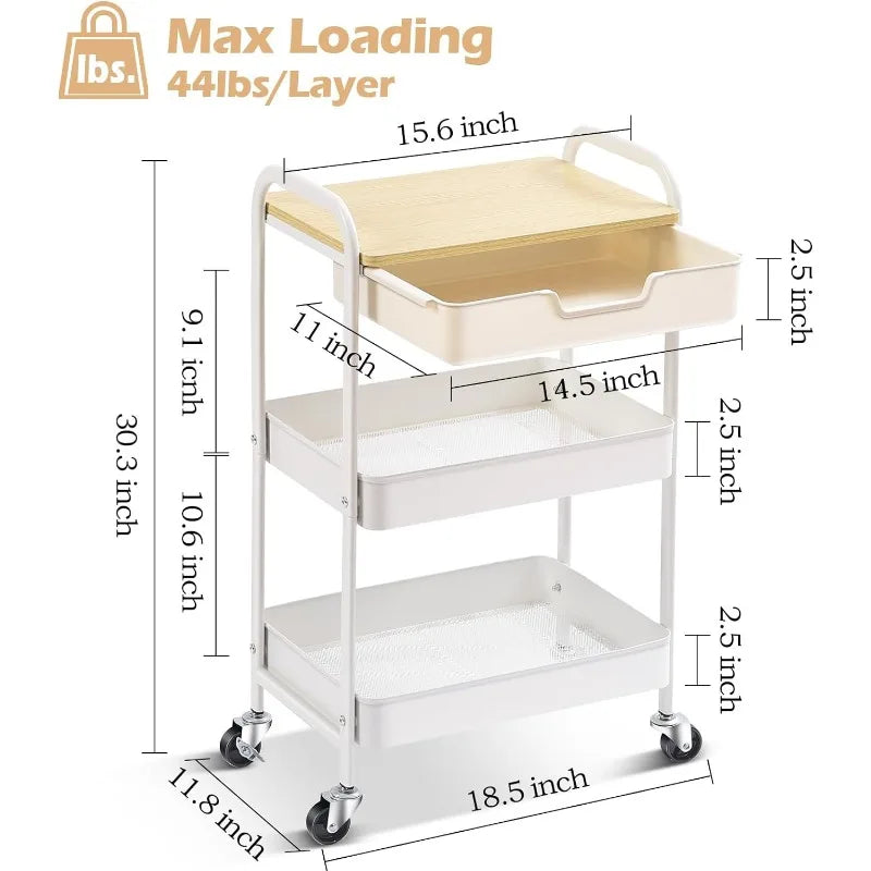 3-Tier Utility Rolling Cart with Wooden Board and Drawer