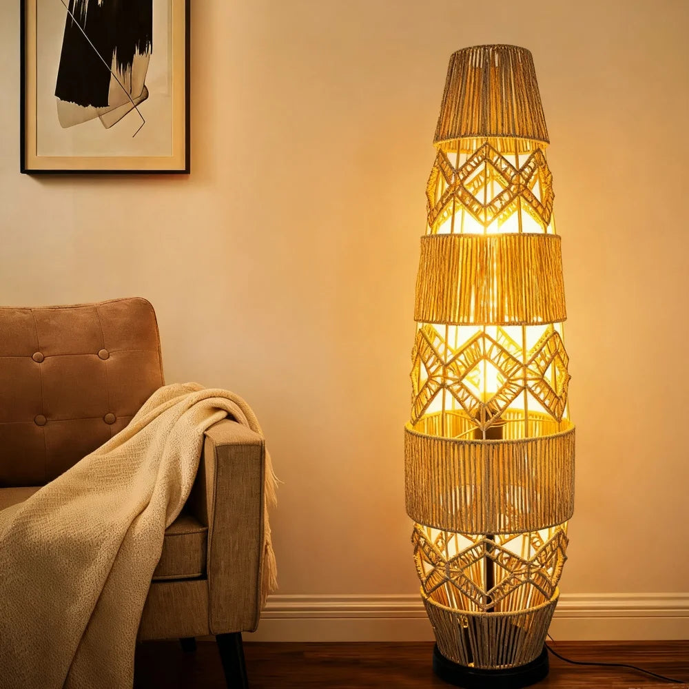 Tall Vintage Wicker Floor Lamp Woven Cane Rattan Art Ethnic LED