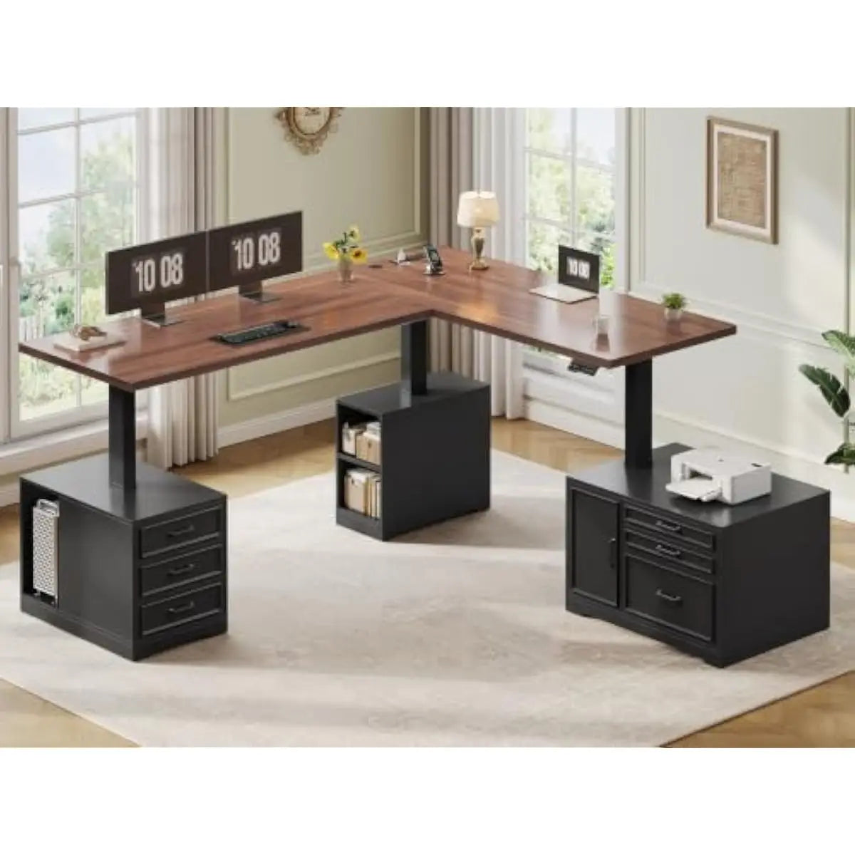 L Shaped Electric Height Adjustable Desk 76.8 x 55 with File Drawer