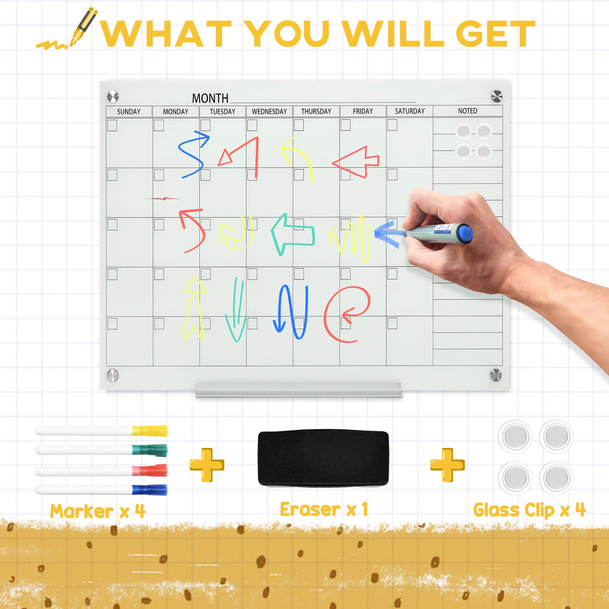 Vinsetto 35"x23" Dry Erase Wall Calendar Glass Whiteboard