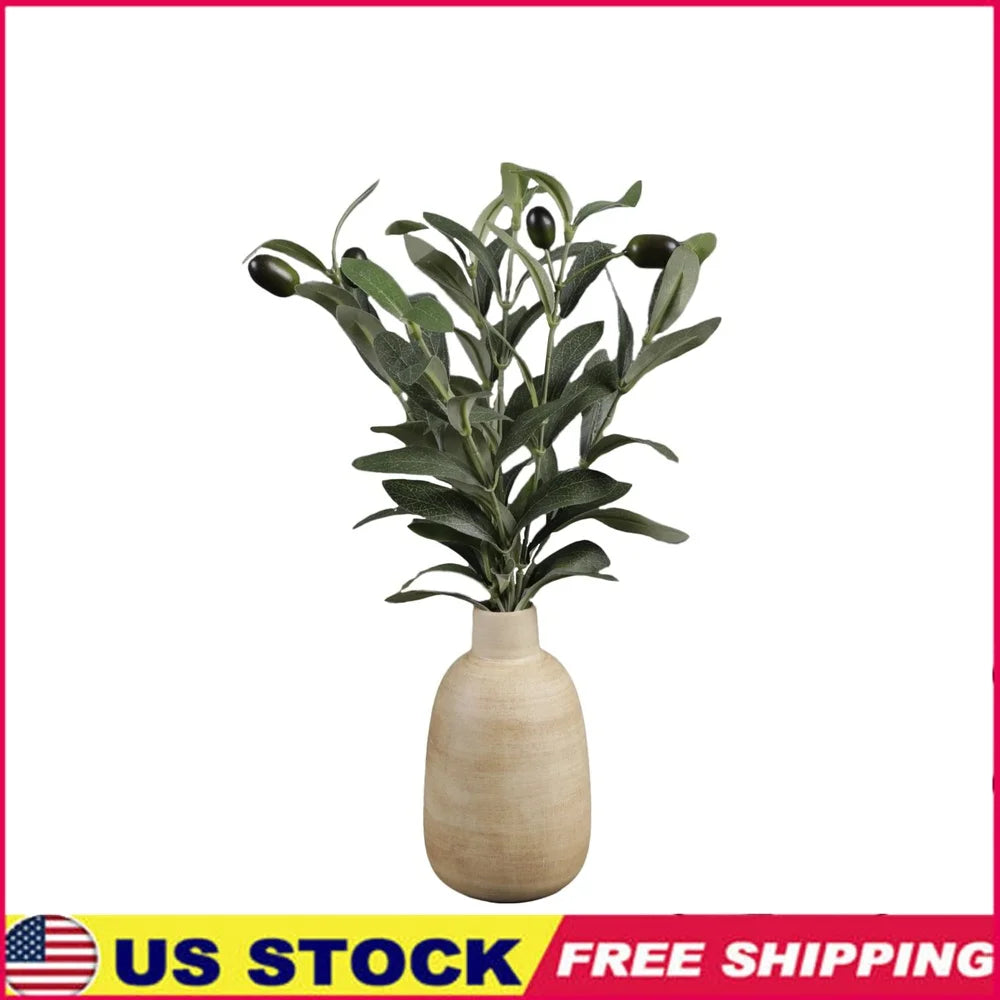 15 Inch Artificial Olive Plant in Wood Finish Ceramic Vase