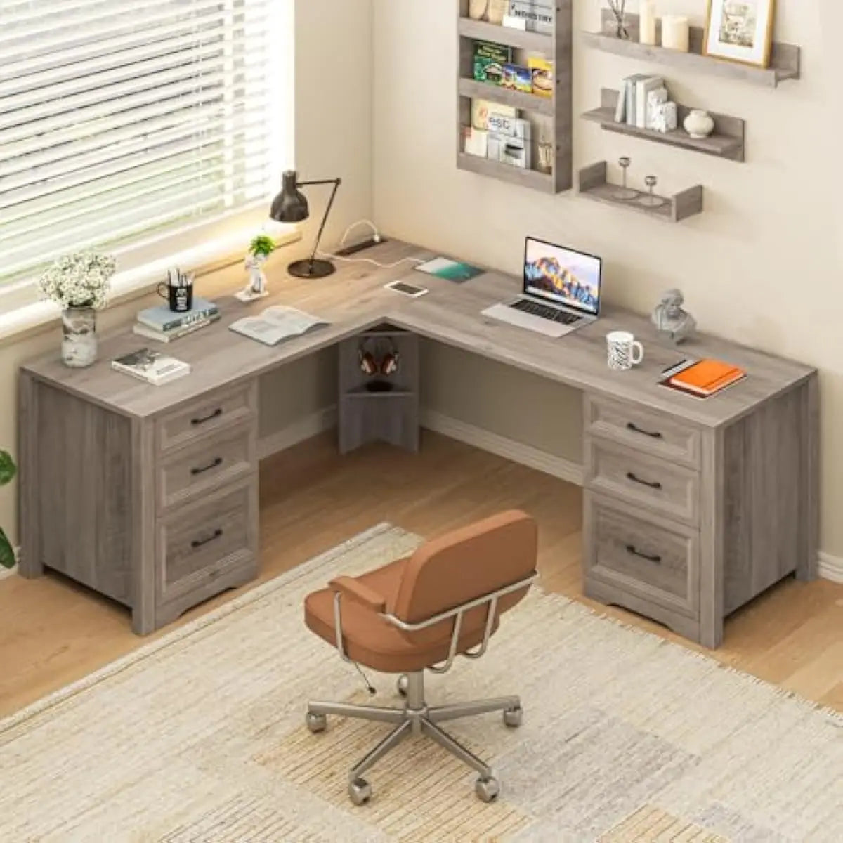 L Shaped Modern Desk with 4 Large Drawers Built-in Power Hub