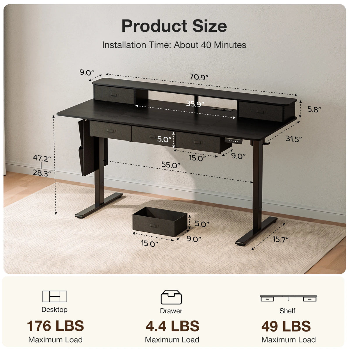 71" Electric Sit Stand Desk with 5 Drawers, Height Adjustable